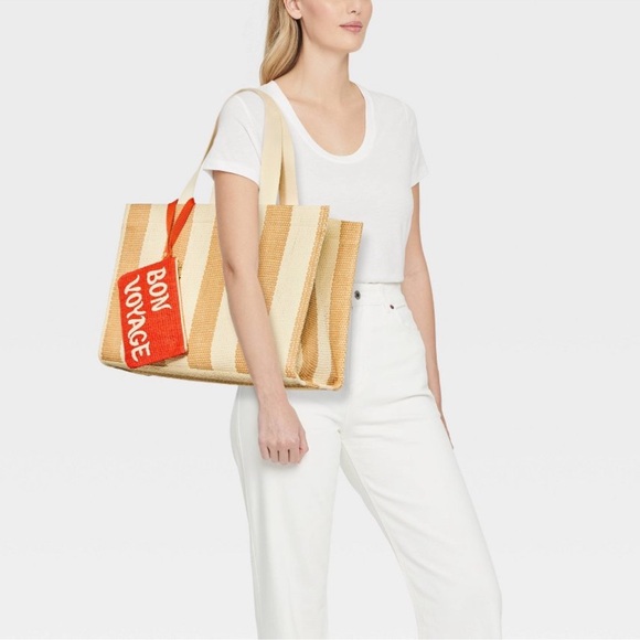 Striped Elevated Straw Tote Handbag with Zip Pouch - A New Day - Picture 2 of 7